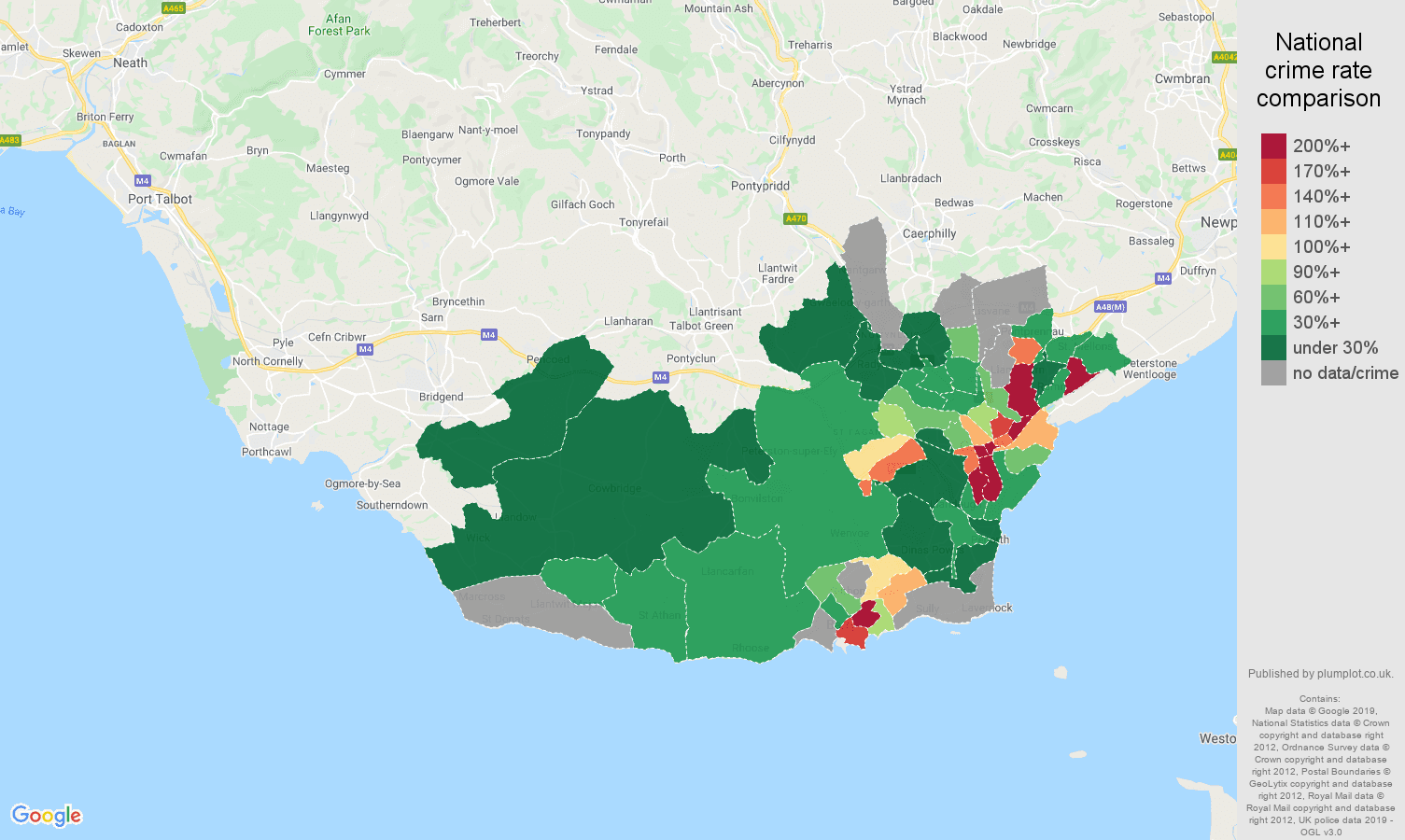 South Glamorgan possession of weapons crime rate comparison map