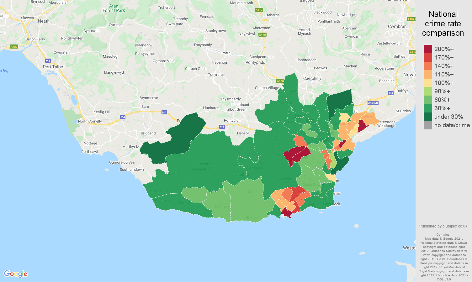 South Glamorgan violent crime rate comparison map