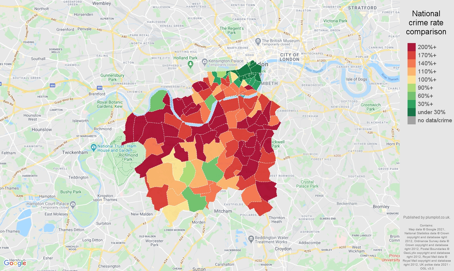 South West London burglary crime rate comparison map