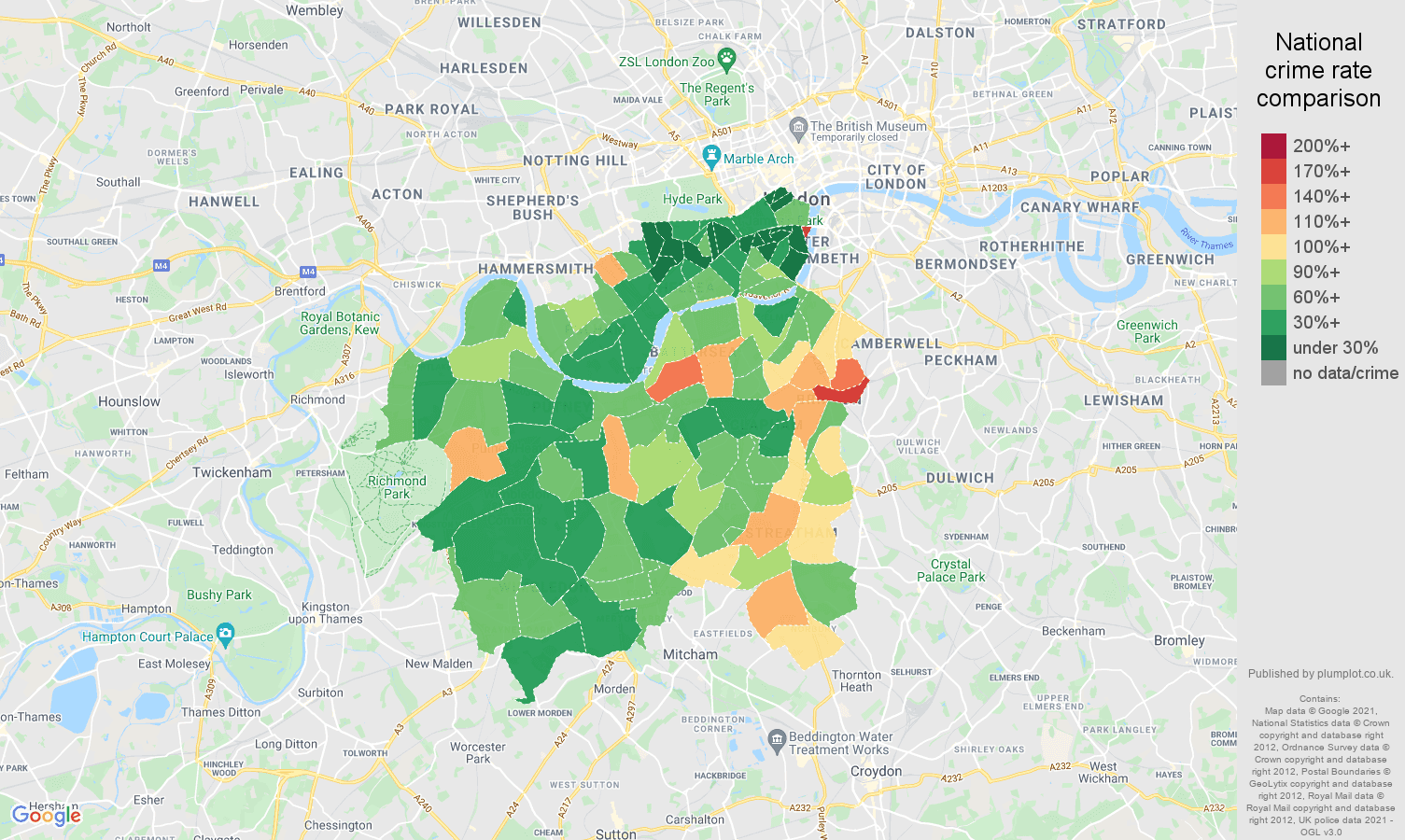 South West London criminal damage and arson crime rate comparison map