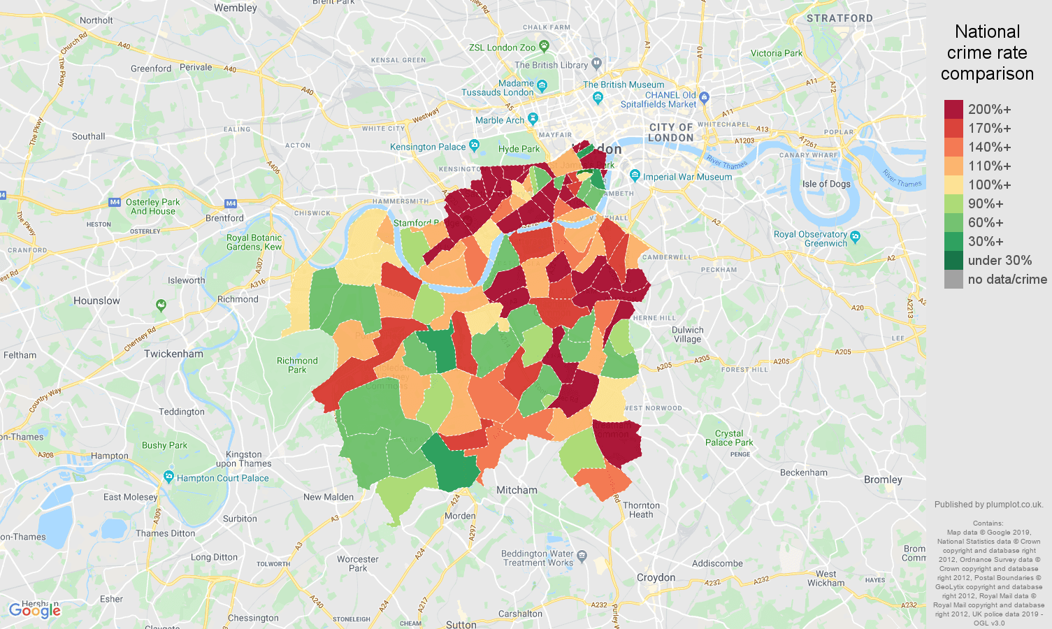 South West London other theft crime rate comparison map