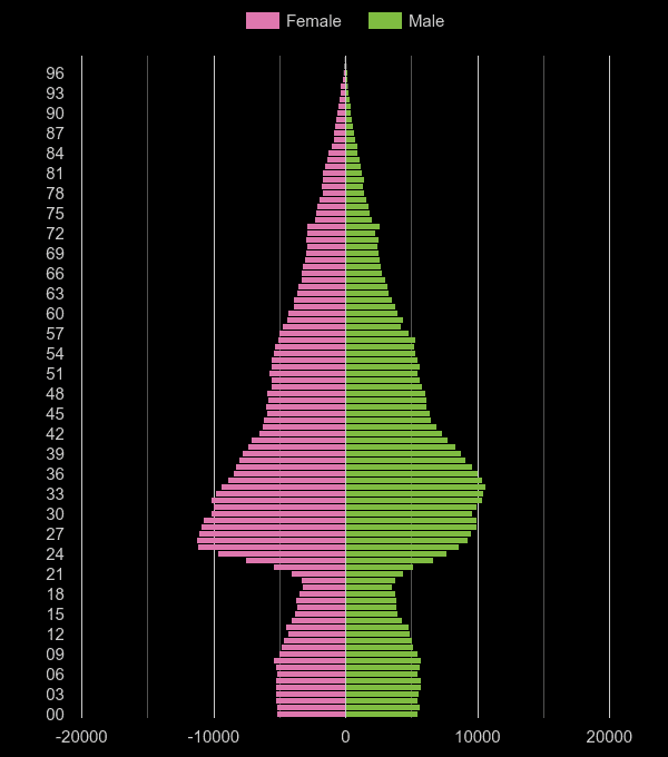 South West London population pyramid by year