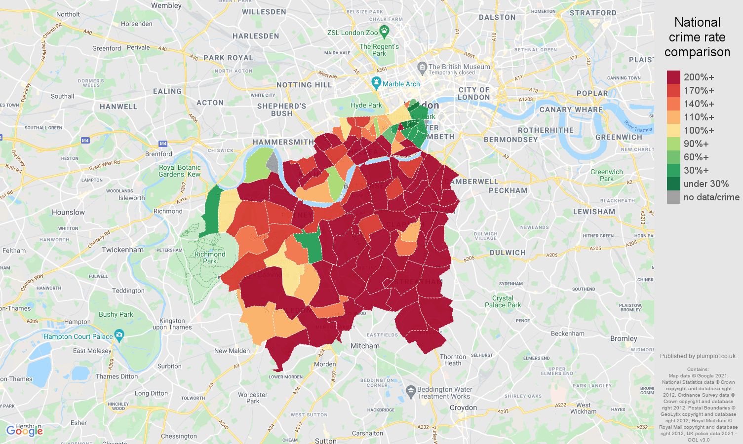 South West London robbery crime rate comparison map
