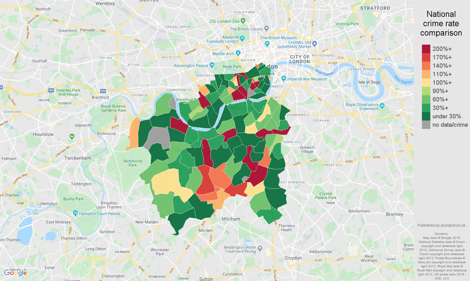 South West London shoplifting crime rate comparison map