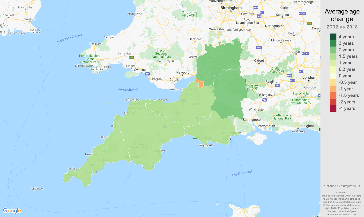 South West average age change map