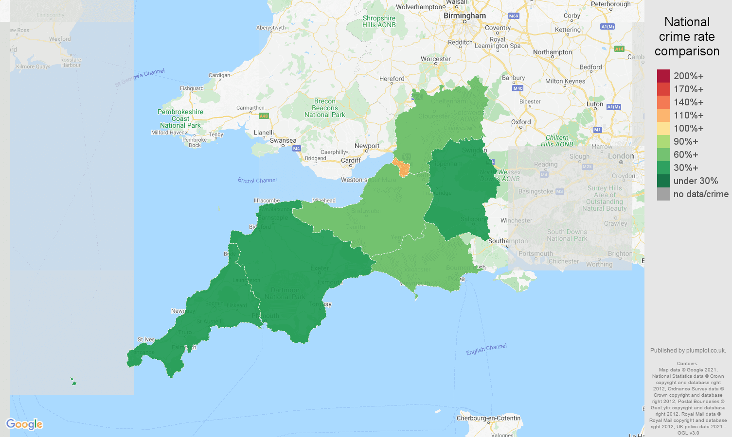 South West burglary crime rate comparison map