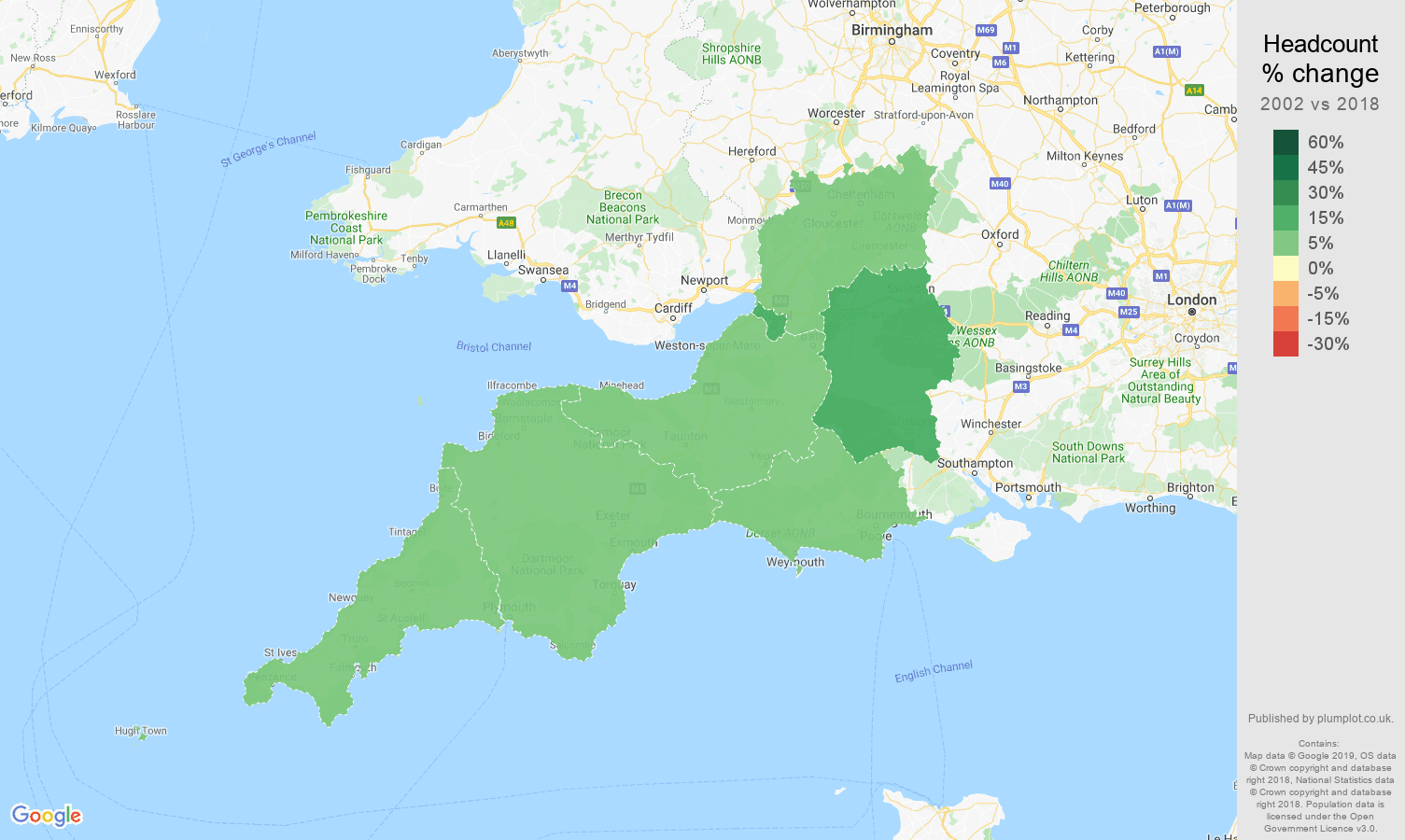 South West headcount change map