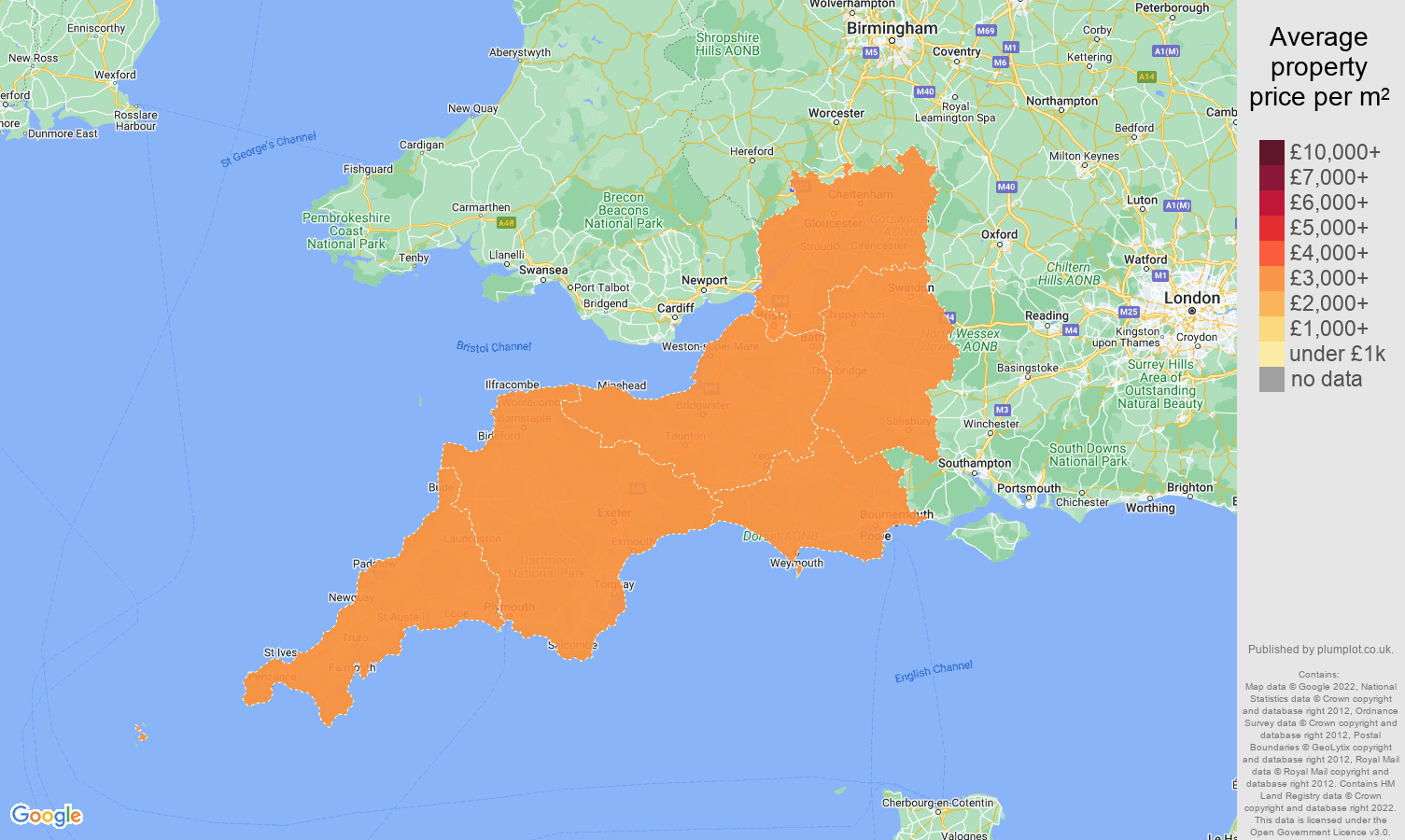 South West house prices per square metre map