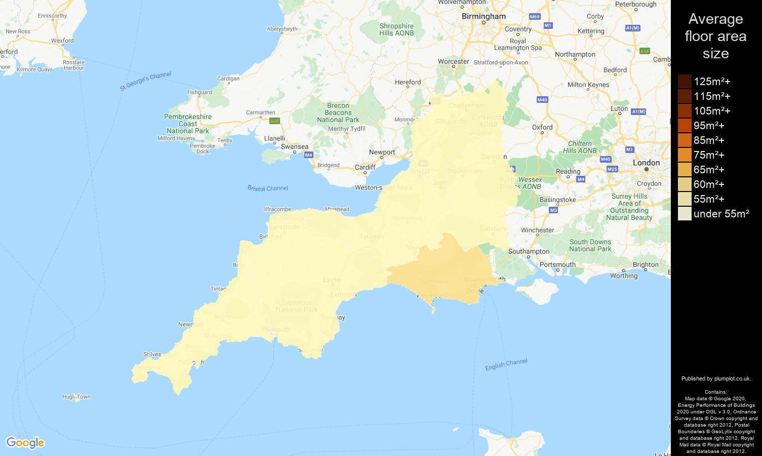 South West map of average floor area size of flats