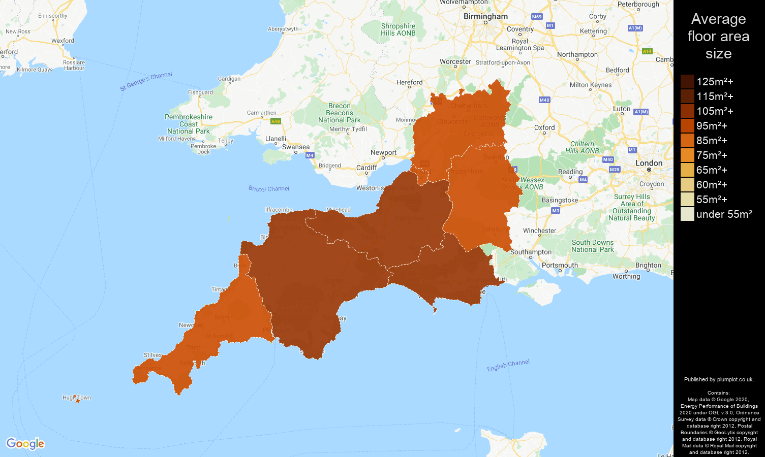 South West map of average floor area size of houses