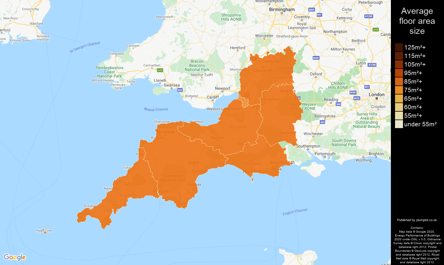 South West map of average floor area size of properties