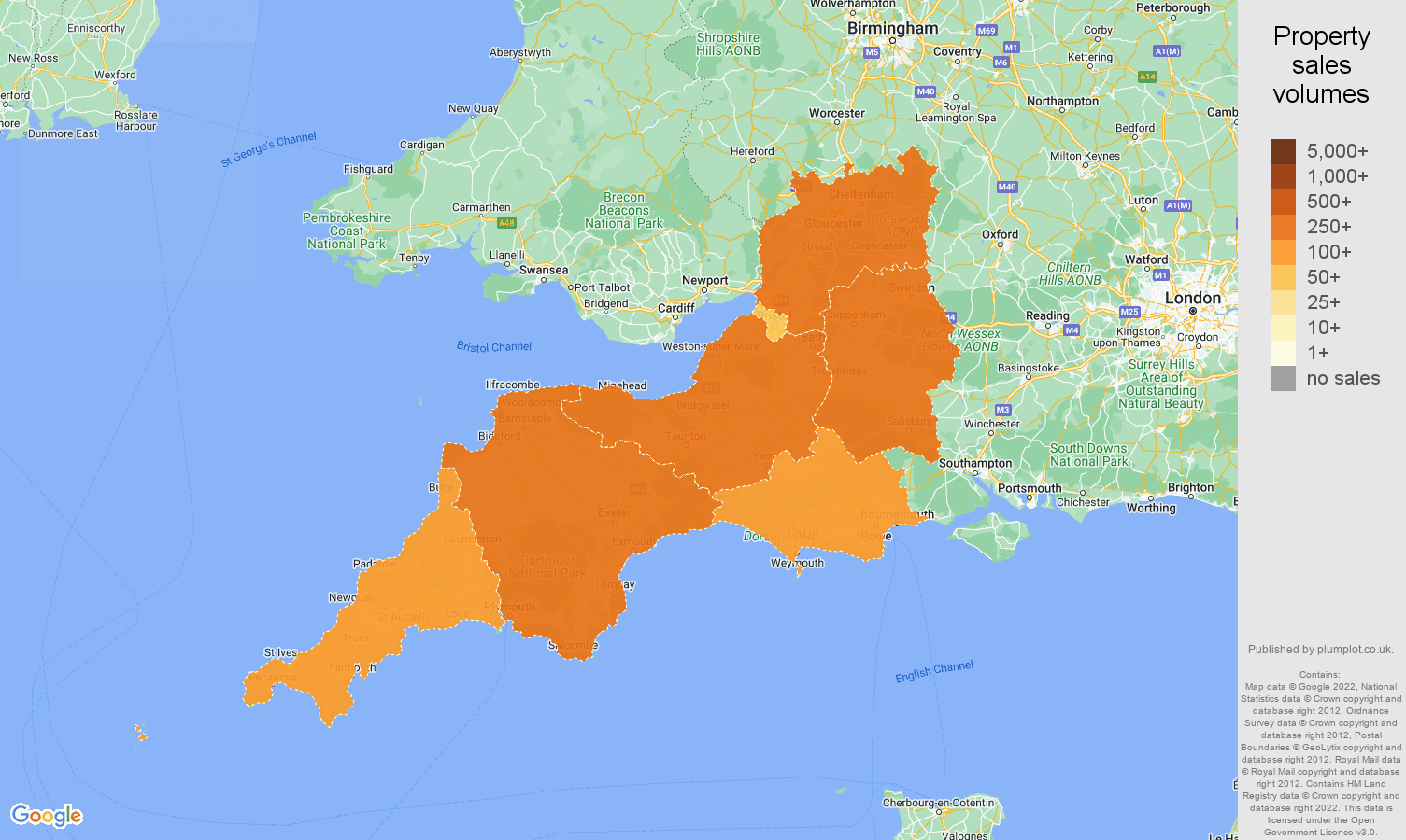 South West map of sales of new properties