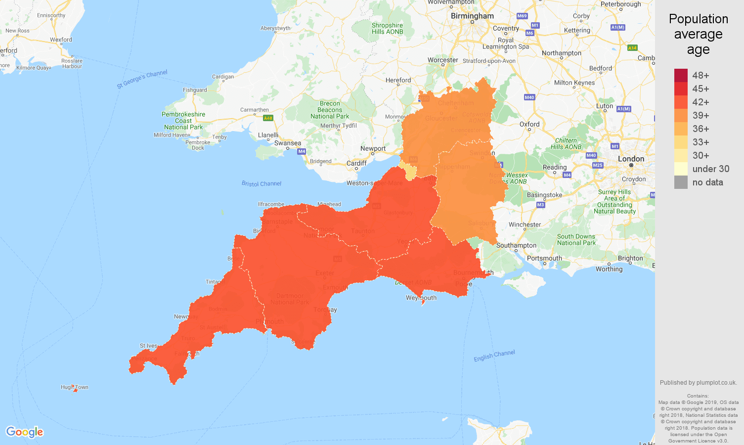 South West population average age map