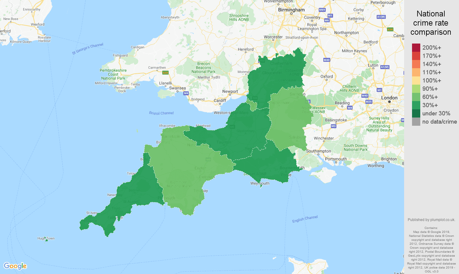 South West possession of weapons crime rate comparison map