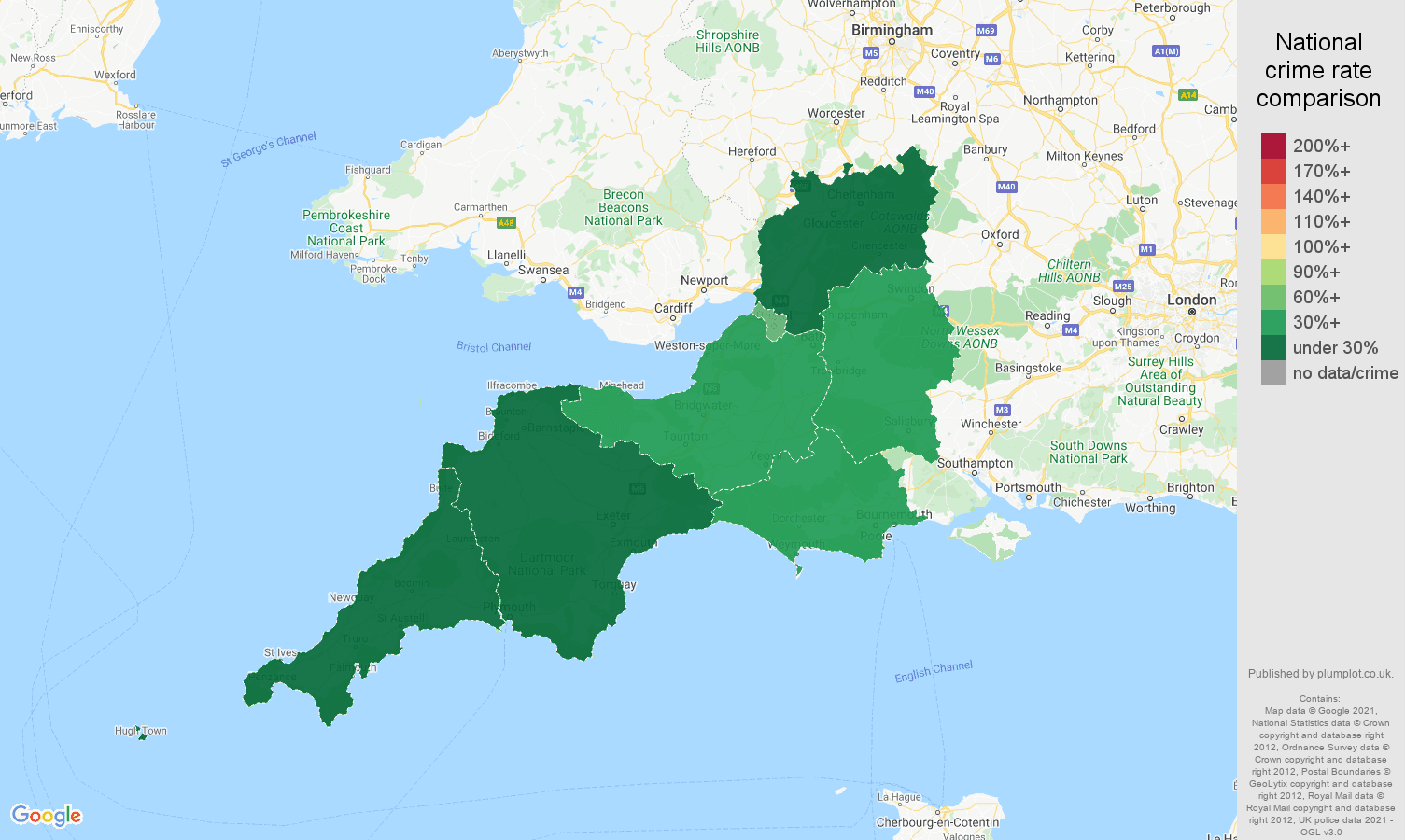 South West theft from the person crime rate comparison map