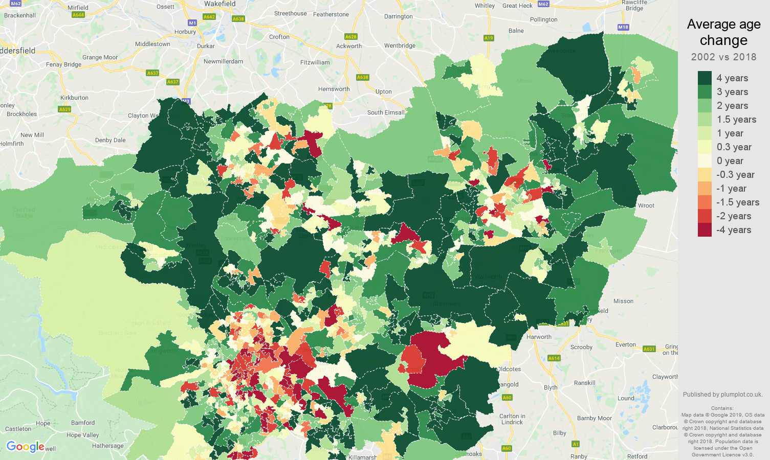 South Yorkshire average age change map