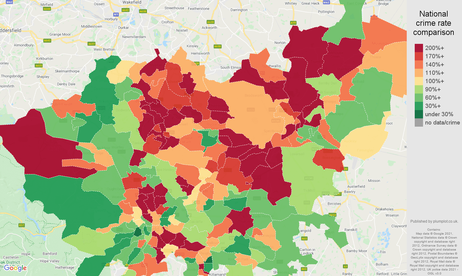 South Yorkshire criminal damage and arson crime rate comparison map