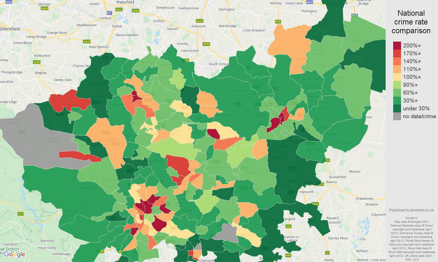 South Yorkshire drugs crime rate comparison map