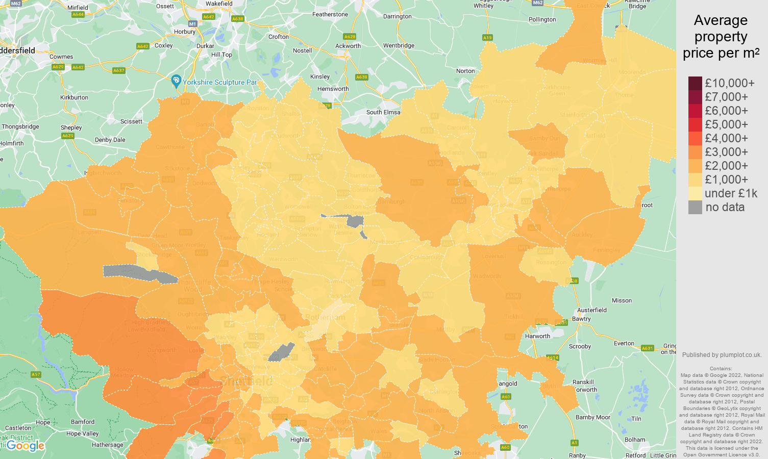 South Yorkshire house prices per square metre map