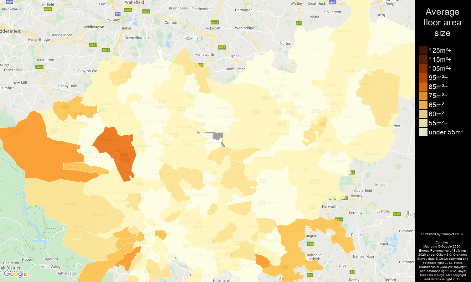 South Yorkshire map of average floor area size of flats