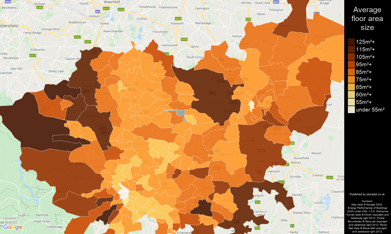 South Yorkshire map of average floor area size of properties