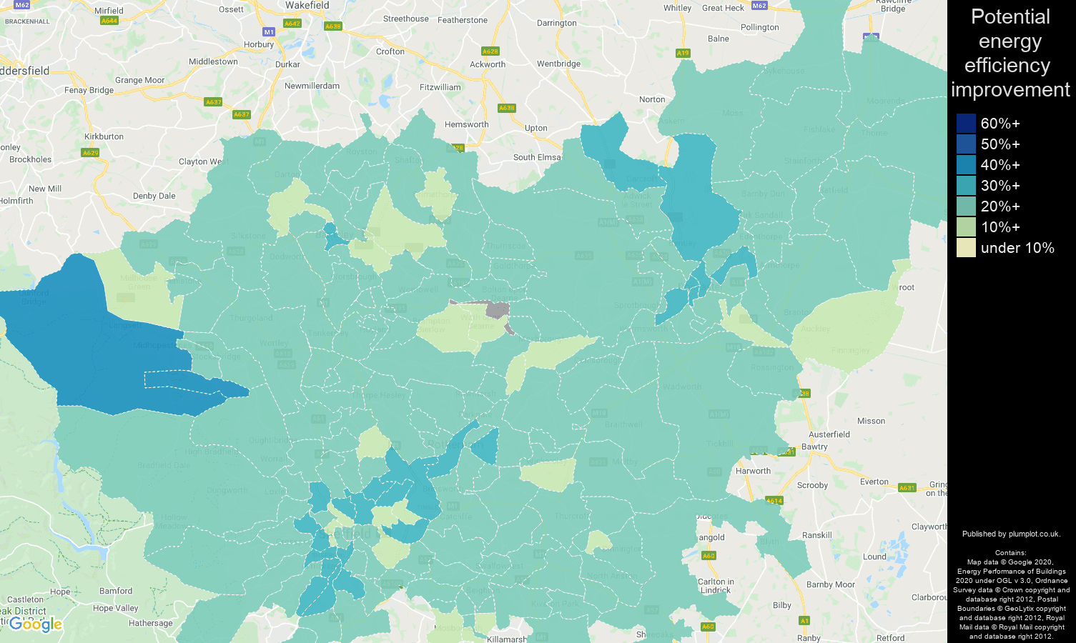 South Yorkshire map of potential energy efficiency improvement of houses
