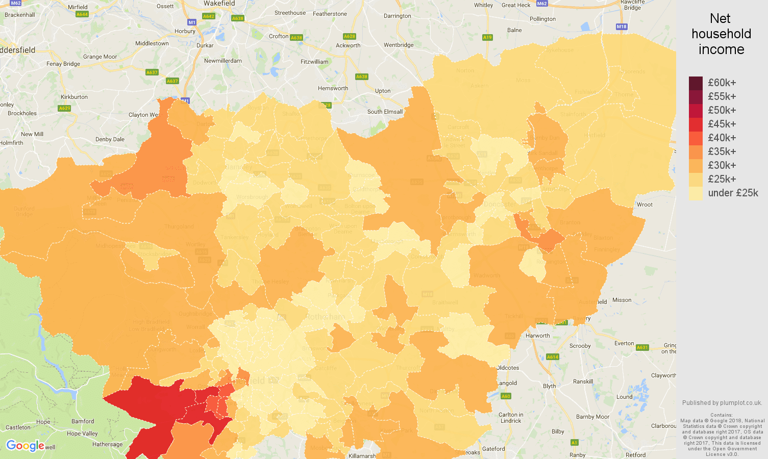 South Yorkshire net household income map