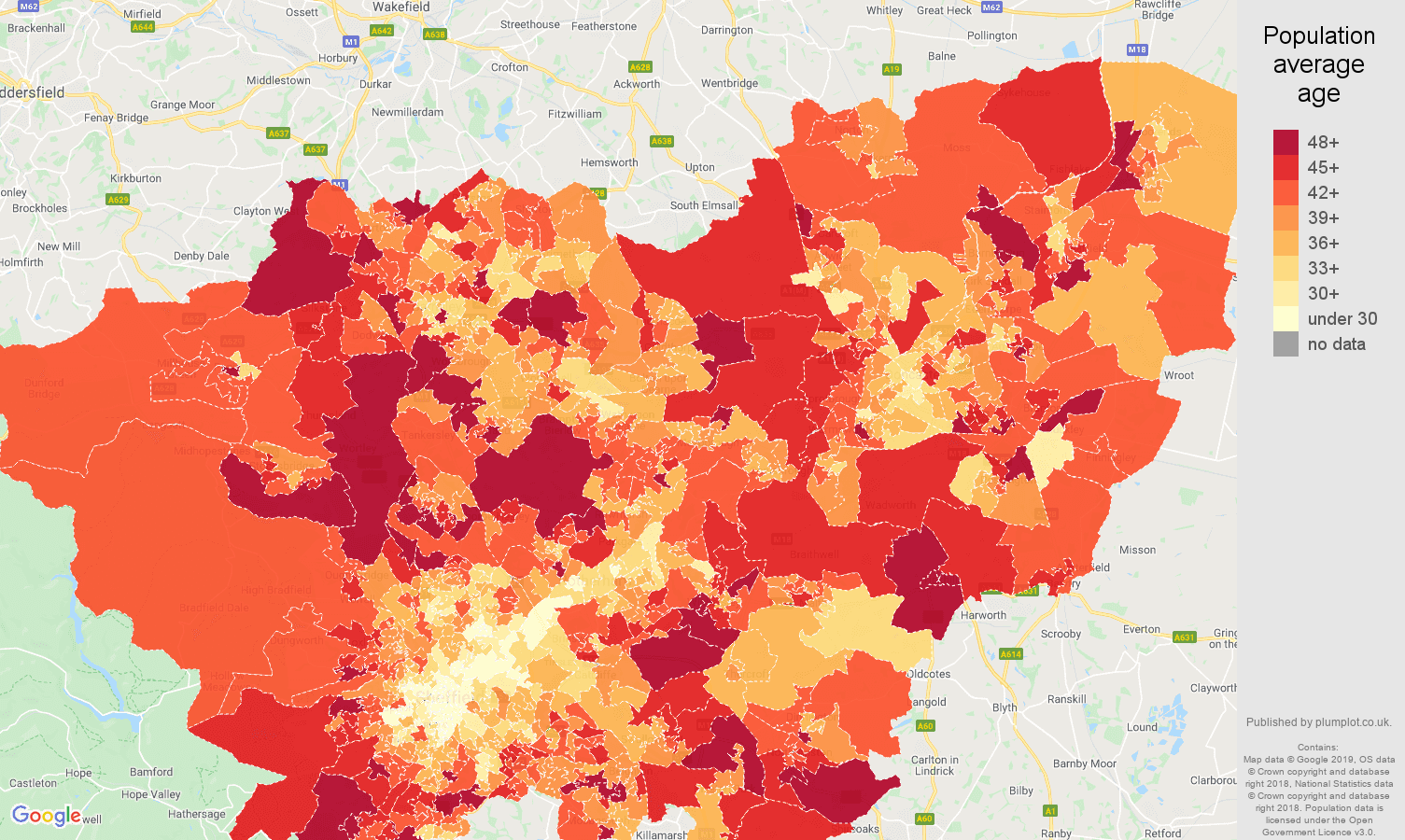 South Yorkshire population average age map