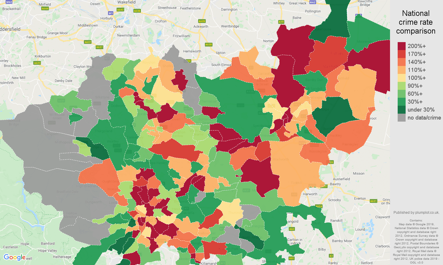 South Yorkshire possession of weapons crime rate comparison map