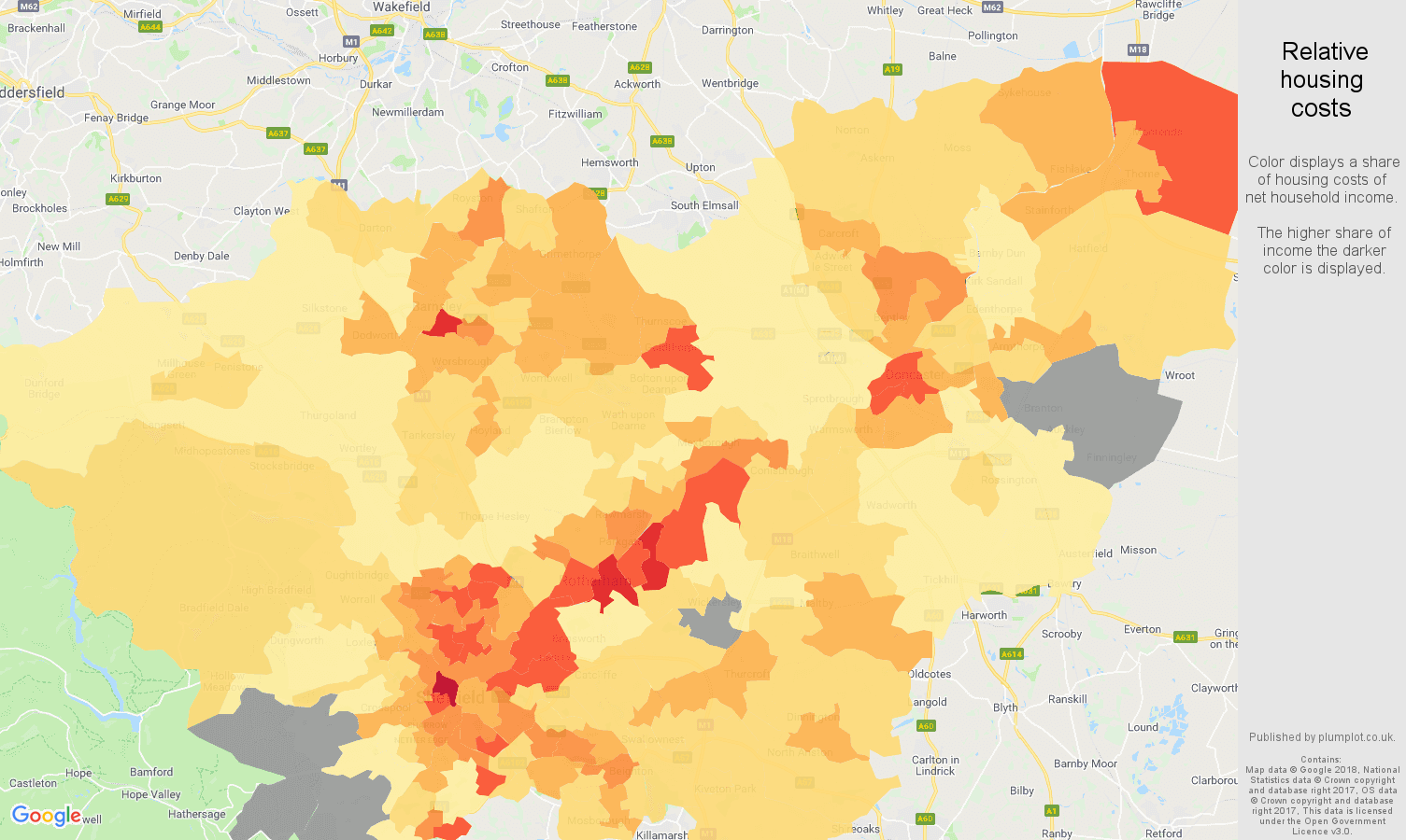 South Yorkshire relative housing costs map