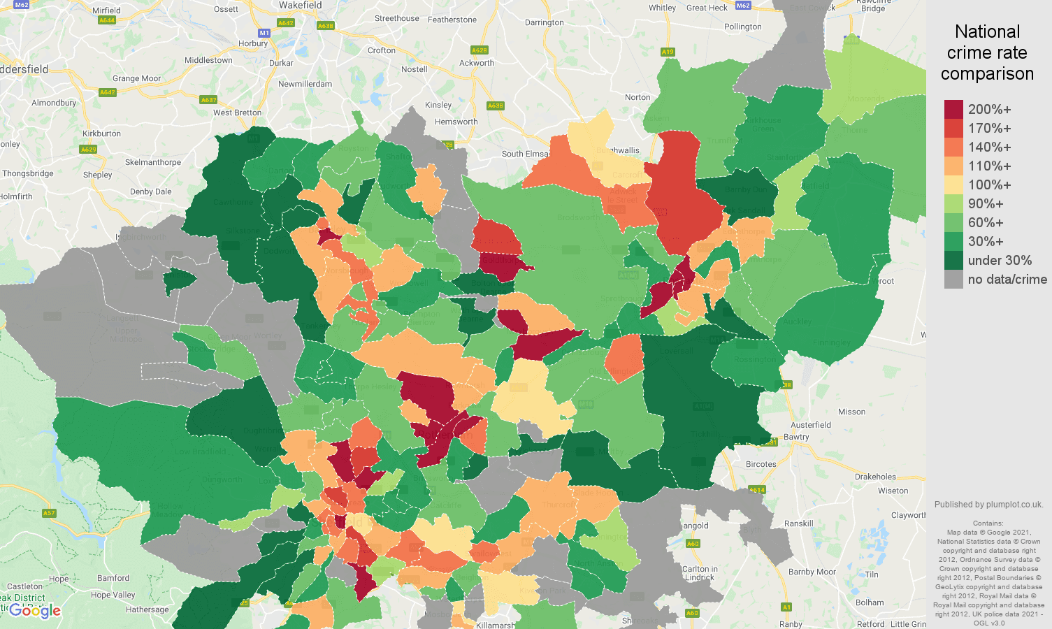 South Yorkshire robbery crime rate comparison map
