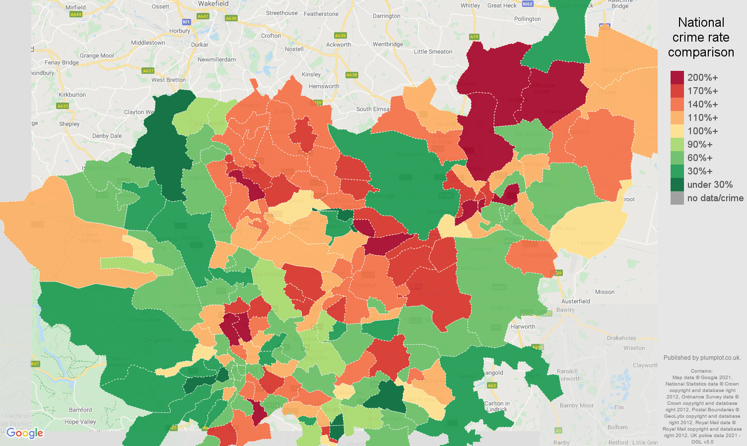 South Yorkshire violent crime rate comparison map