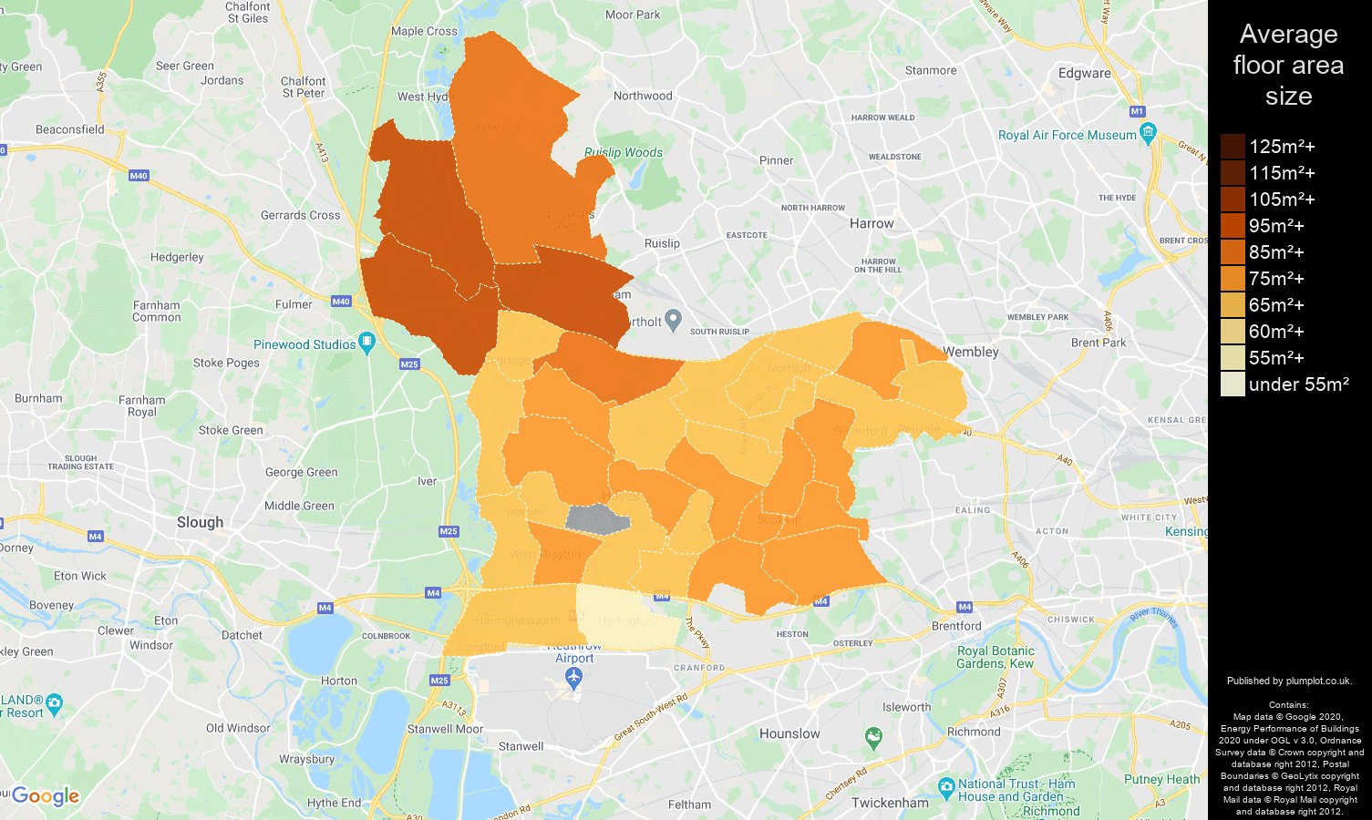 Southall map of average floor area size of properties