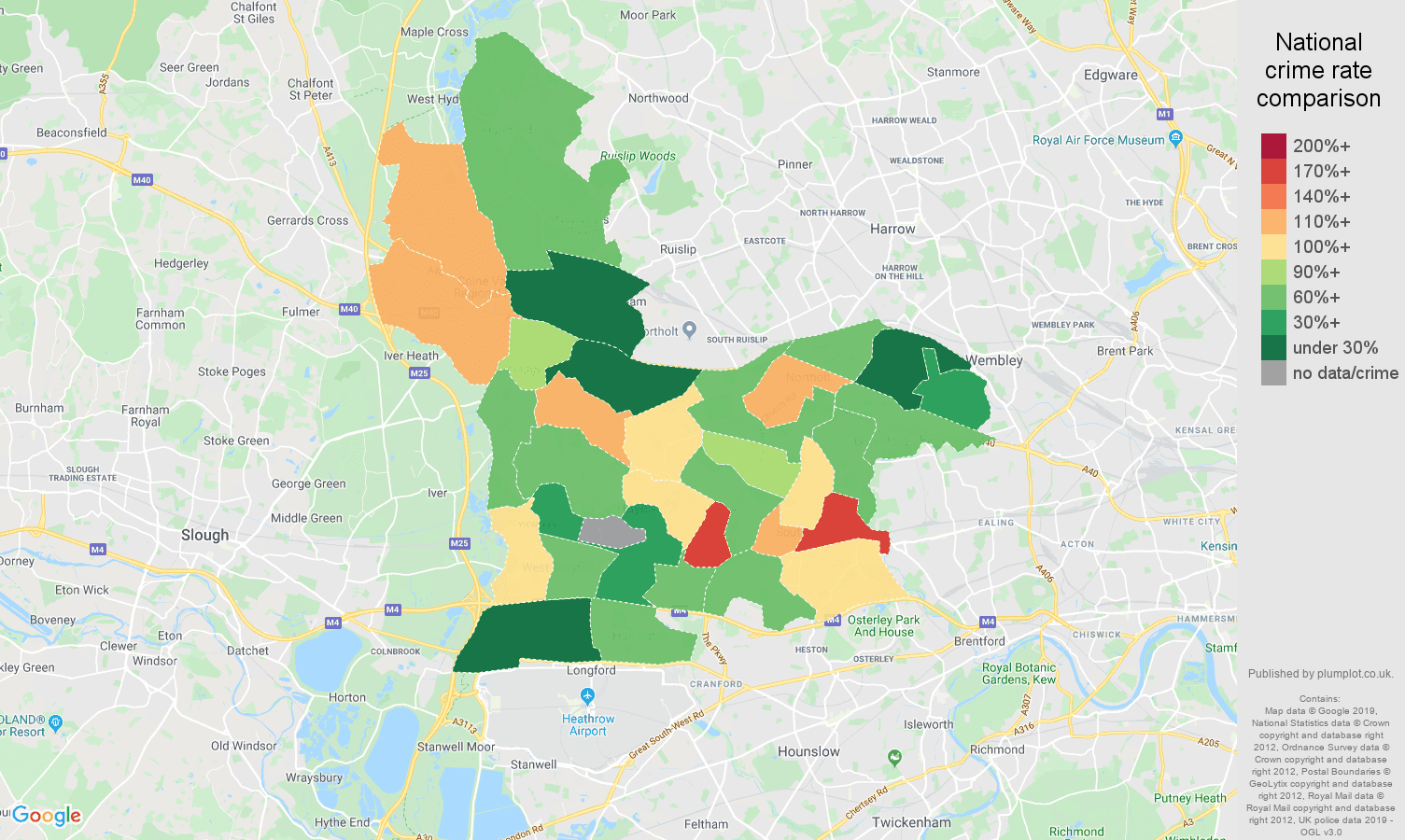 Southall possession of weapons crime rate comparison map