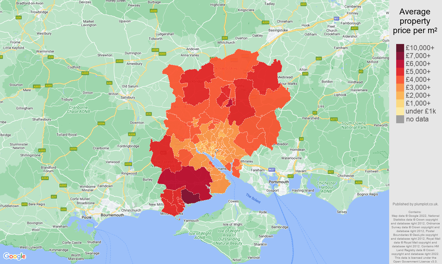 Southampton house prices per square metre map