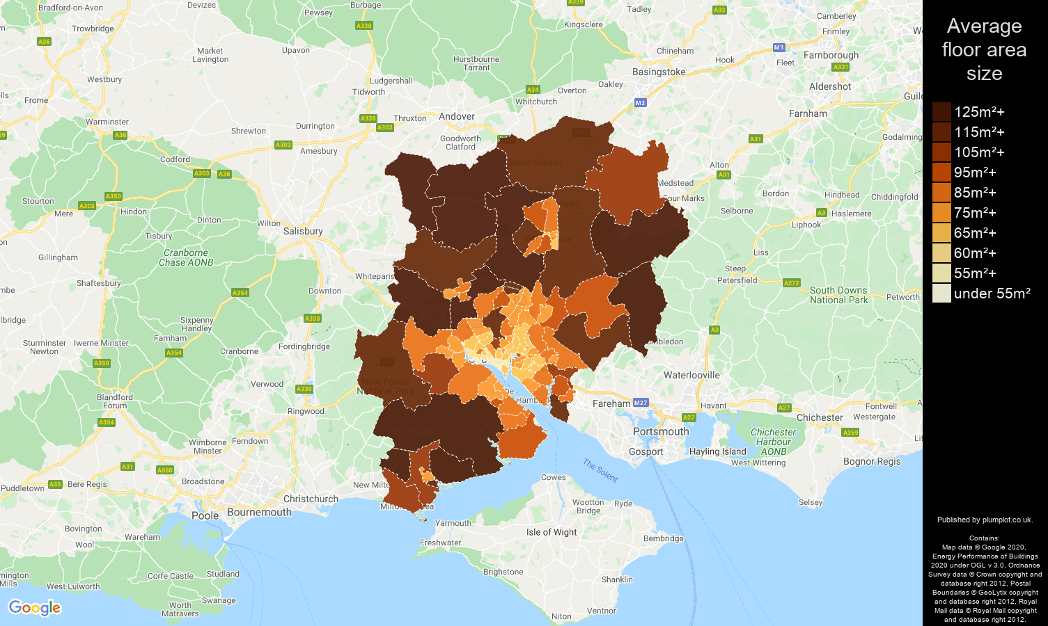 Southampton map of average floor area size of properties