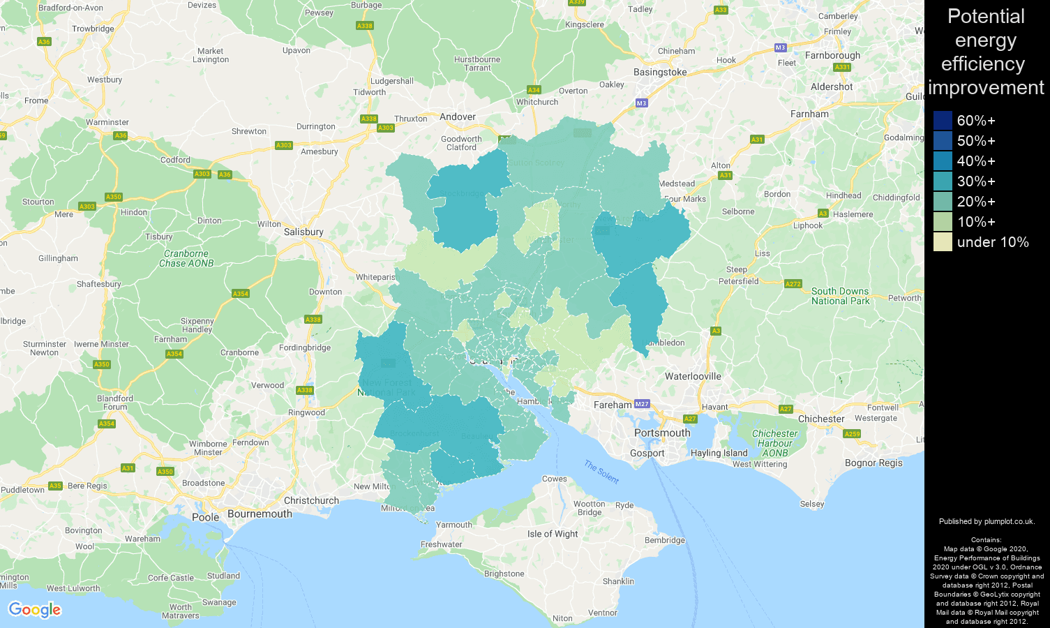 Southampton map of potential energy efficiency improvement of houses