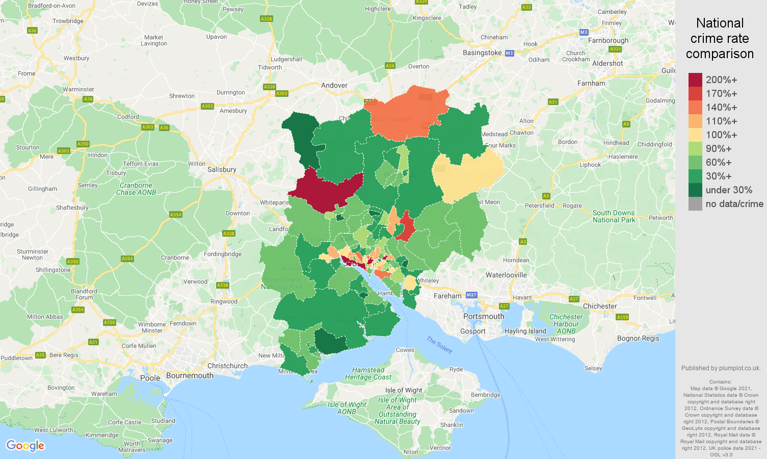Southampton other theft crime rate comparison map