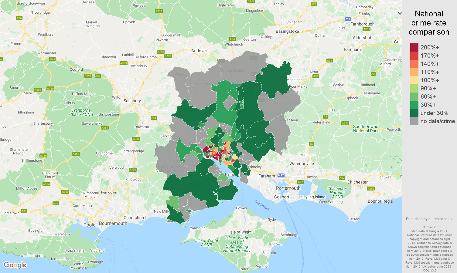 Southampton robbery crime rate comparison map