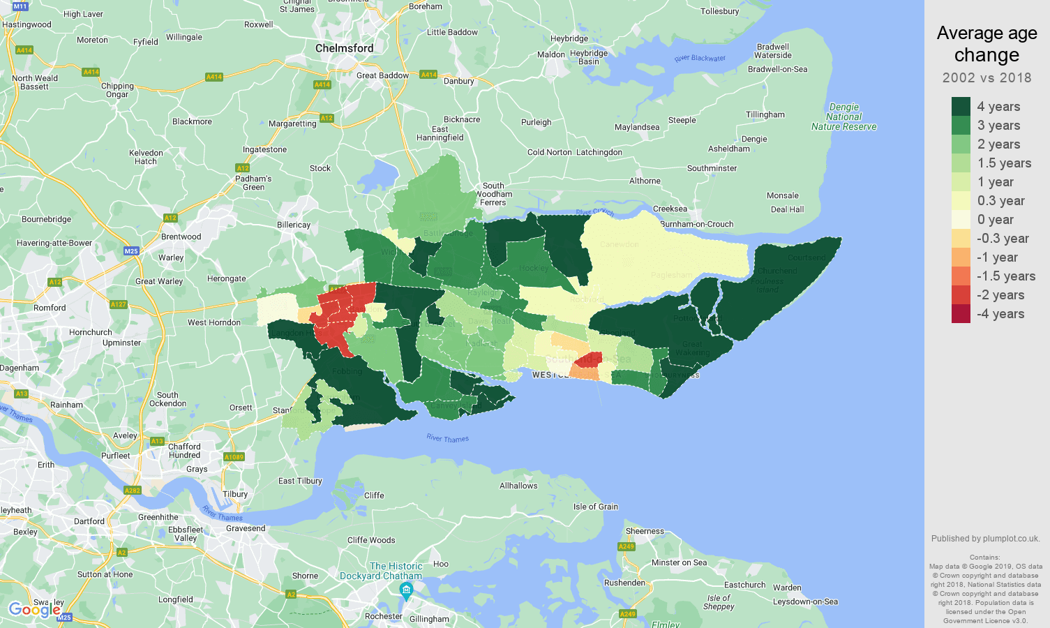 Southend on Sea average age change map