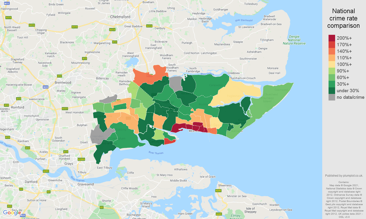 Southend on Sea bicycle theft crime rate comparison map