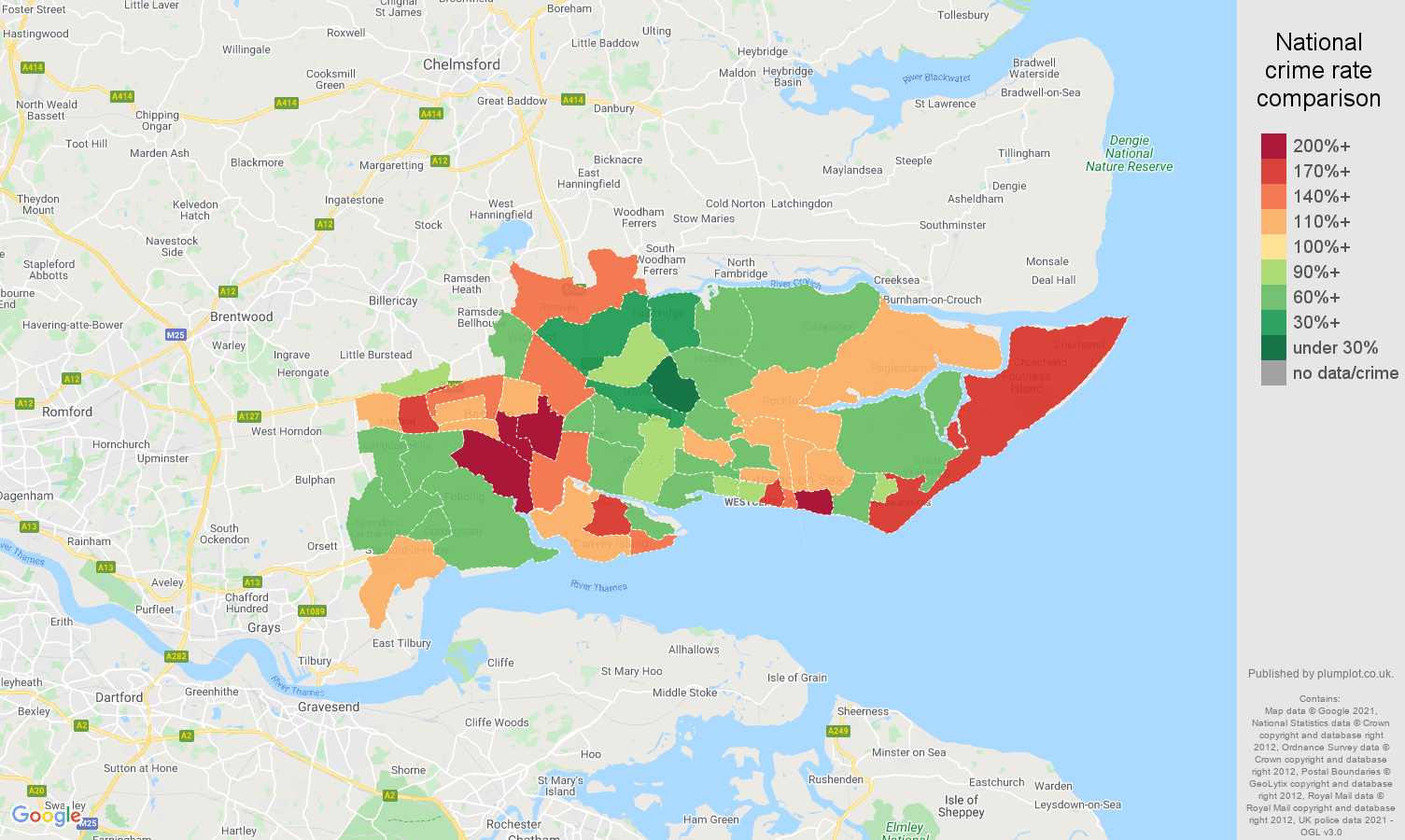 Southend on Sea criminal damage and arson crime rate comparison map