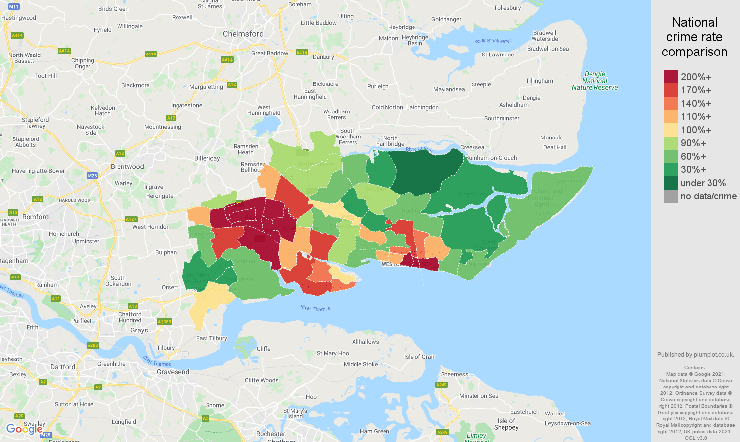Southend on Sea drugs crime rate comparison map
