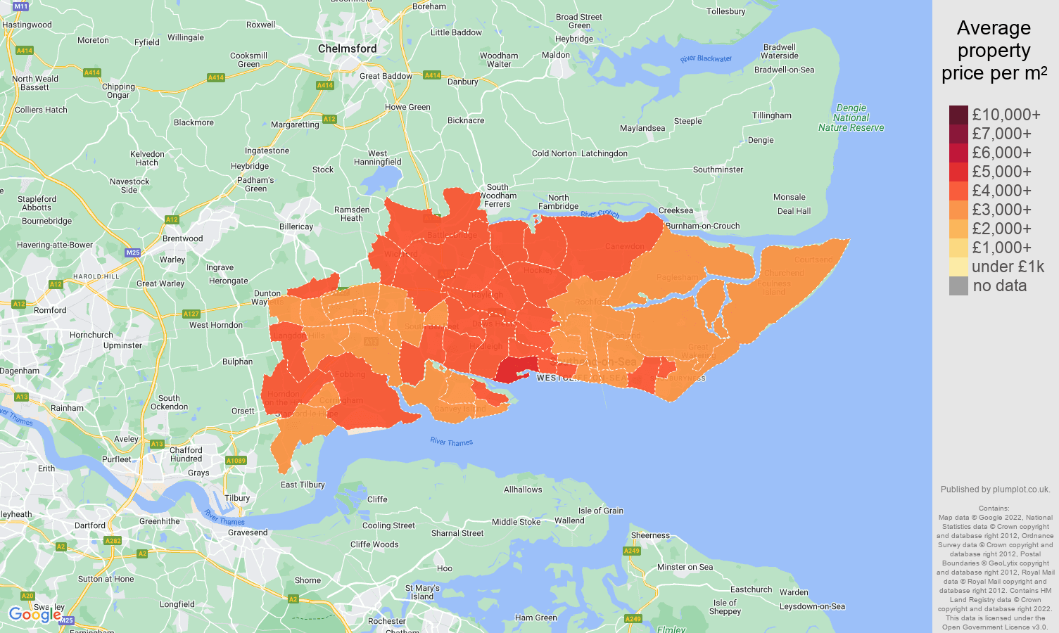Southend on Sea house prices per square metre map