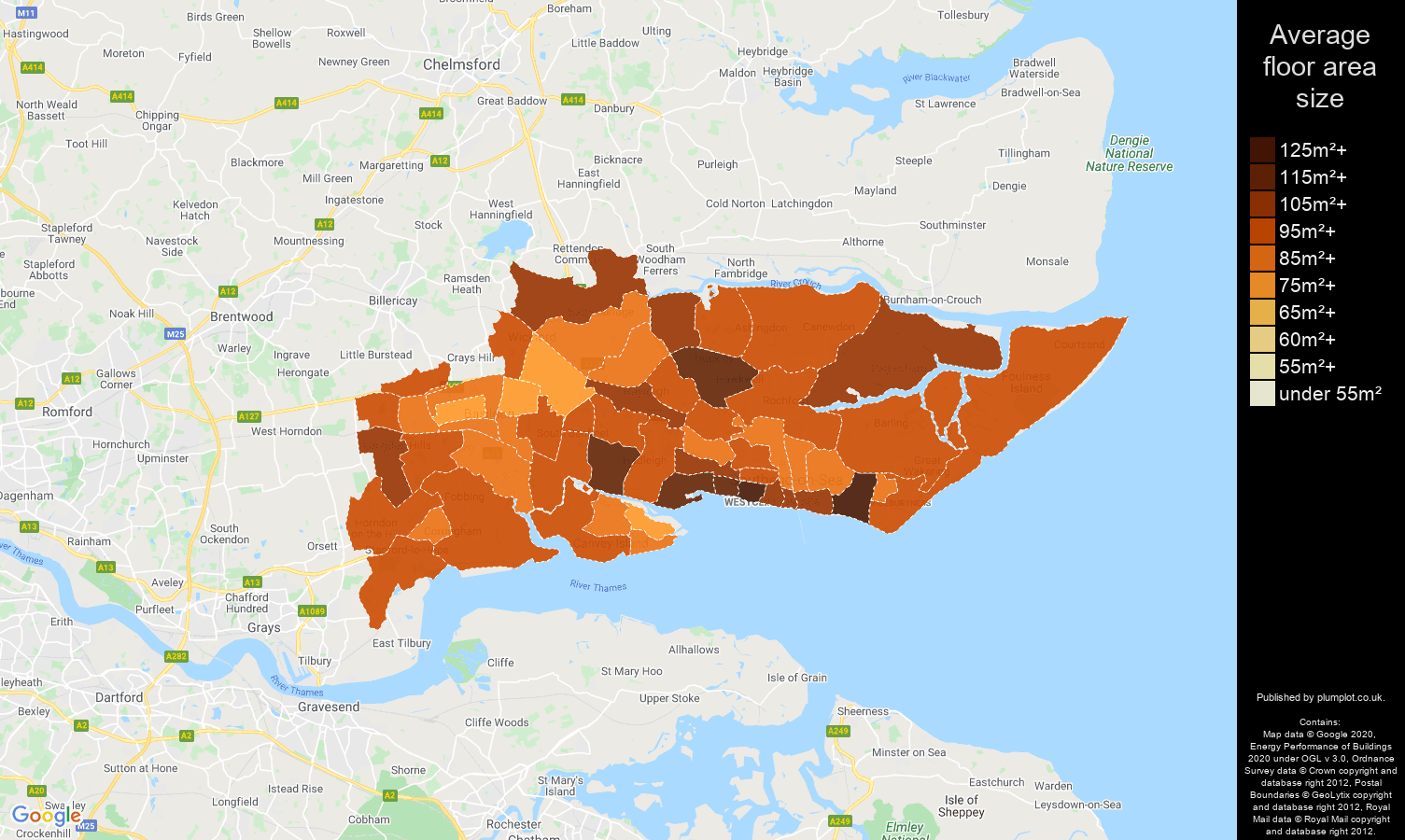 Southend on Sea map of average floor area size of houses