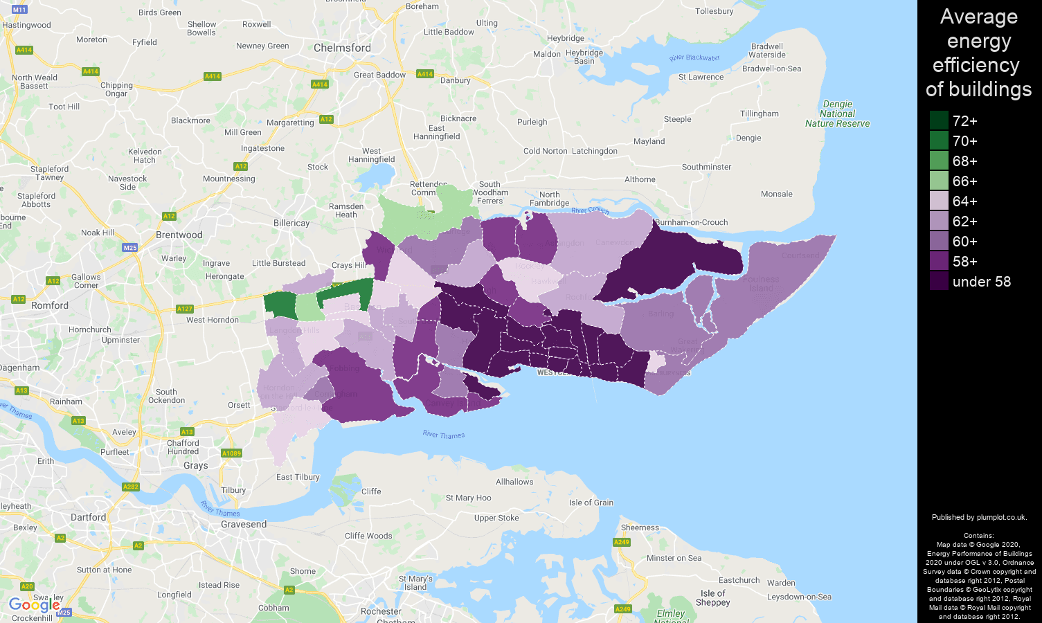 Southend on Sea map of energy efficiency of houses