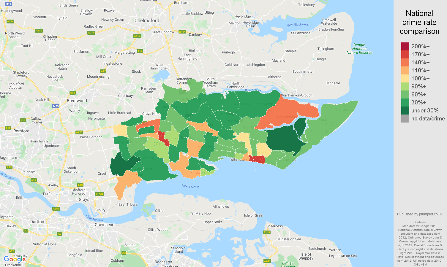 Southend on Sea other theft crime rate comparison map