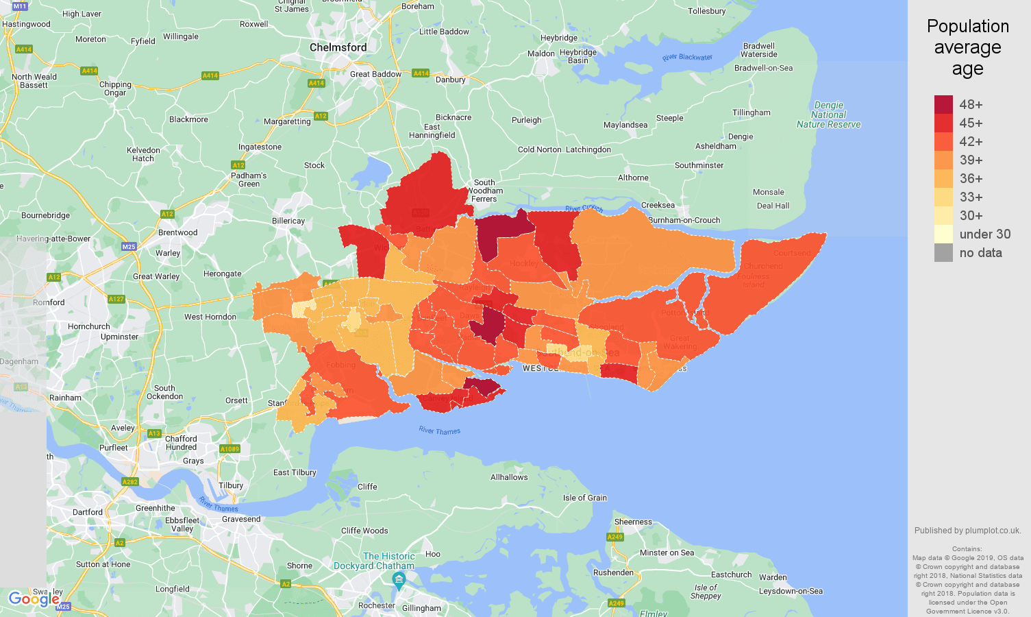 Southend on Sea population average age map