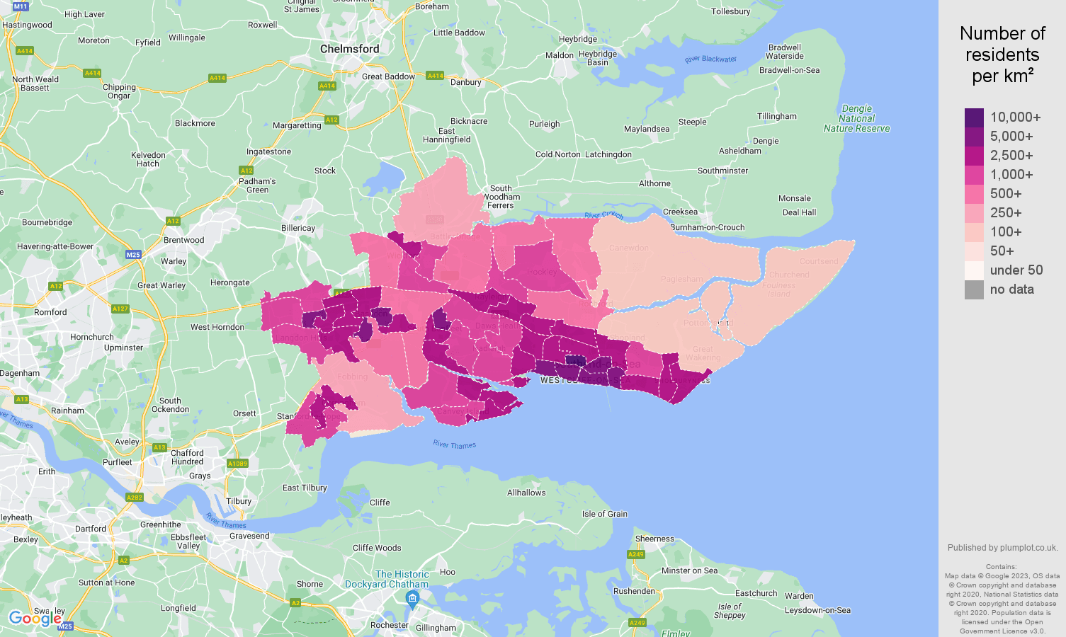 Southend on Sea population density map