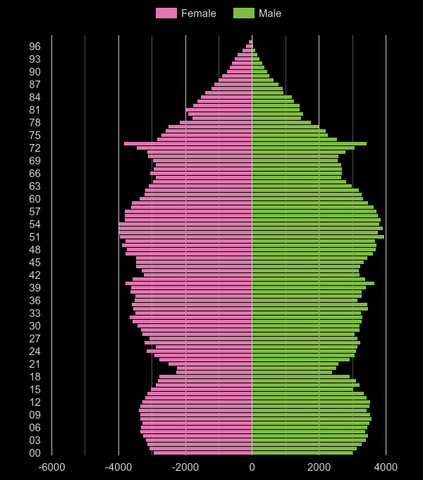 Southend on Sea population pyramid by year